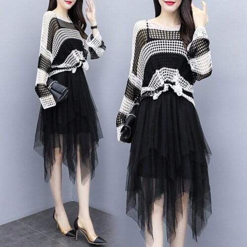 Korean Style Clothing Women 2021 Dress Suit Plus Size Spring Two Piece Trend Hollow Out Tops + Irregular Sling Robes Set ZH164