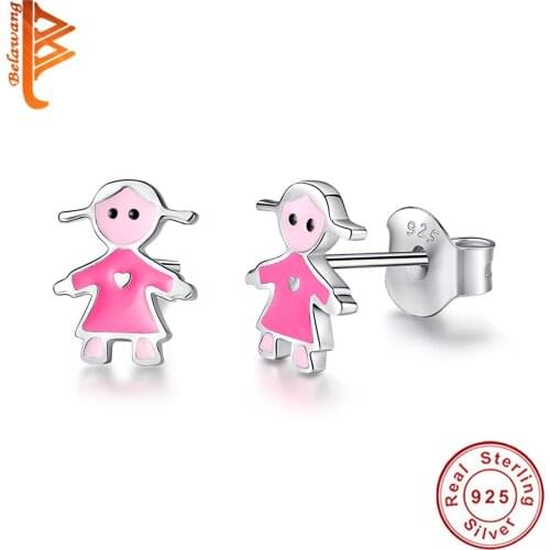 Wholesale Real 925 sterling Silver Pink Braided Girl Earring Cute Enamel Studs Earring For Kids Girl Party Birthday Gift