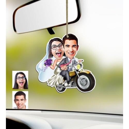 Personalized Maried Caricature Of Wood Car Rearview Mirror Süsü-8
