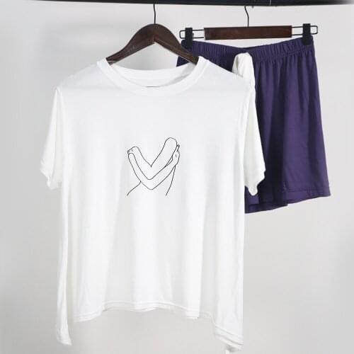 Aesthetic Line Print Sleepwear Summer Short Sleeve Shorts Ladies Pajamas Suit Casual Loose Sets for Women Two Piece Set