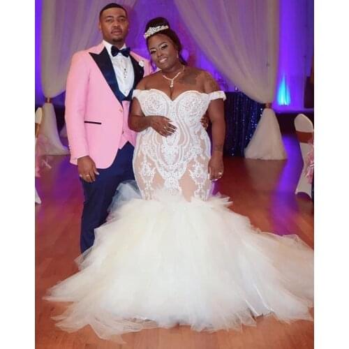 Plus Size Illusion Mermaid Wedding Dresses Off the Shoulder Lace Appliques Tier Tulle Skirt Bridal Gowns Robe De Mariee