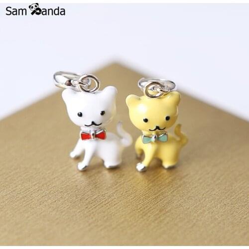 Real 925 Sterling Silver Lovely Cat Charm Bead Fit Pandora Original Bracelet Necklace Glaze Pendant Authentic Fine Jewelry