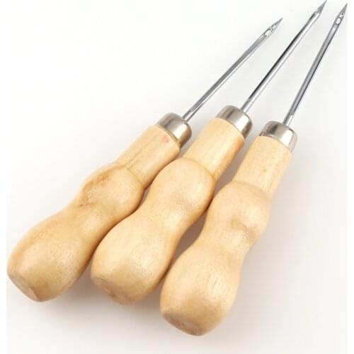 2PC Canvas Leather Sewing Shoes Wood Handle Tool Awl Hand Stitching Taper Leathercraft Needle Tool Kit Craft Sewing Supplies