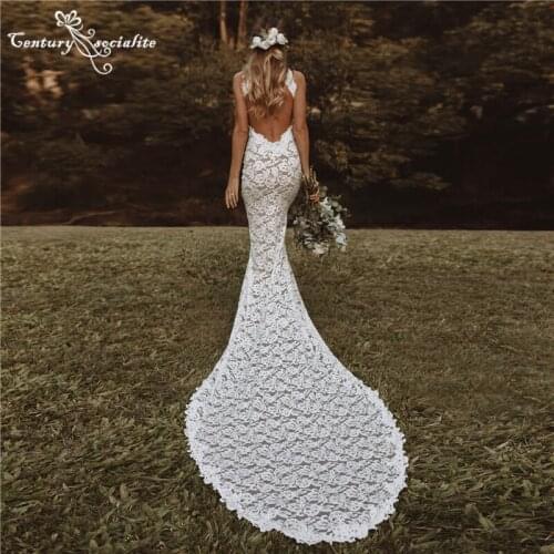 Boho Wedding Dresses Mermaid 2021 Bride Dress with Slit Backless Soft Lace Sexy Bohemian Bridal Gowns Vestido De Noiva