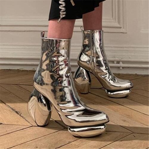 2021 Fashion Spring Autumn Women Ankle Boots Strange Heel Platform Shoes Woman High Heel Short Booties Silver Black