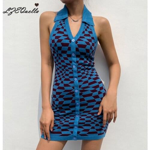 LZEQuella 2021 Women Plaid Sleeveless Halter Slim Hip Mini Dress Sexy Backless Button Hollow Out Party Dresses Vestidos NZ3607