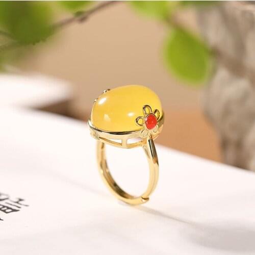 Real S925 sterling silver gold-plated natural amber beeswax ring retro temperament plum blossom egg noodle ladies ring new style
