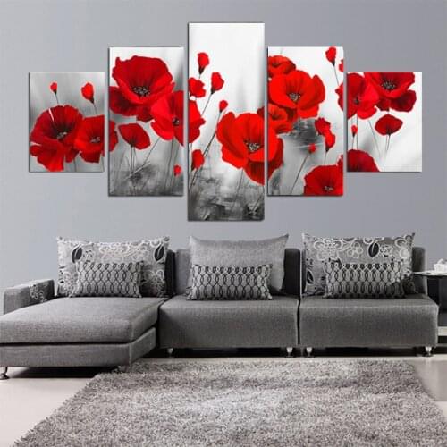 5 Pieces of Nordic Red Poppy Art Painting Modular High-definition Printing Pictures Rose Poster Wall Home Decoration Frameless