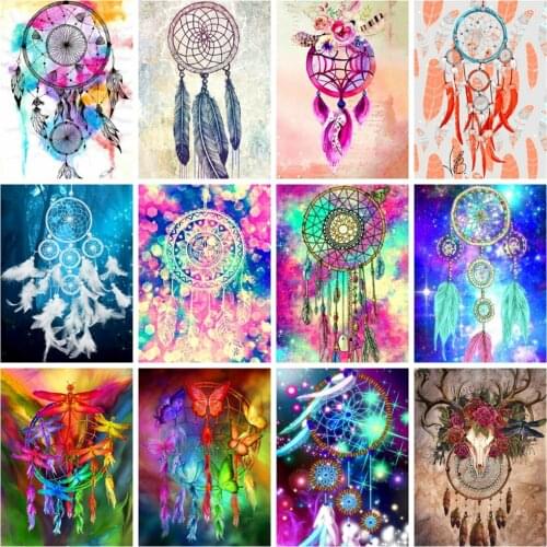 HUACAN 5d Diamond Painting Embroidery Dream Catcher Scenery DIY Decor Diamond Mosaic Feathers Wall Sticker