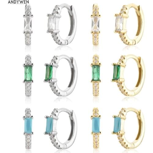 ANDYWEN 925 Sterling Silver Gold Clear Green Turquoise Zircon Huggies Circle Pave Pendientes Clips Rock Punk Jewelry Round