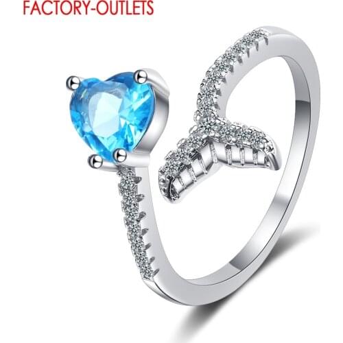 Real 925 Sterling Silver Love Heart Blue CZ Crystal Fish Tail Finger Rings For Women Adjustable Size Sterling Silver Jewelry