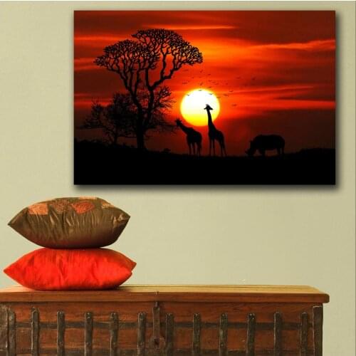 Large size Printing Giraffes Sunrises and sunsets Rhinoceroses Africa wall art canvas print pictures for living room and bedroom
