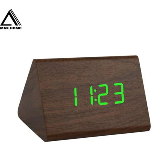 MAX HOME LED Wooden Alarm Clock Table Voice Control Digital Clock Temperature Humidity Display Wood Despertador Desktop Clocks