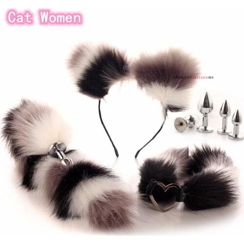 Exotic Accessories of Fox Tail Clip Ears and Neck Collar Chocker with Heart Metal Ring for Men Women Cosplay Halloween Party