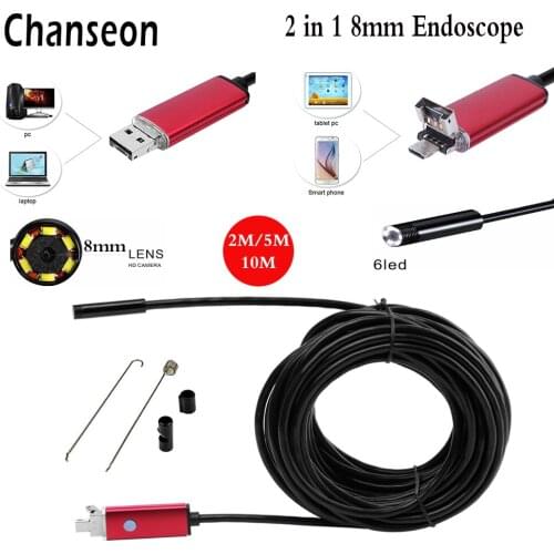 Chanseon 2 IN 1 USB 2M 5M 10M Android Endoscope Camera Inspection Android Borescope 8MM Lens 6 Led lights PC USB Endoskop Camera