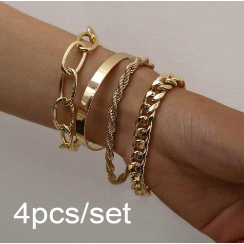 4Pcs Punk Curb Cuban Chain Bracelets Set for Women Men Miami Thick Gold Color Charm Bracelets Bangles Fashion Hip Hop Jewelry