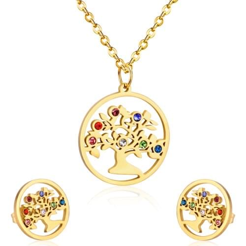 LUXUKISSKIDS Colorful Crystal Chrismas Jewelry Sets Tree Pendant Necklace Earring Wedding Dubai Jewellery Set For Women Girls