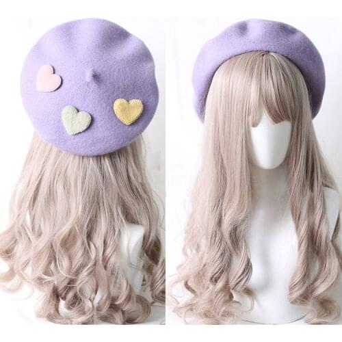 Cute Girls Kawaii Little love Beret Sweet Lolita Headwear Purple Beanies Hat Handmade Wool Felt Women Beret Wholesale