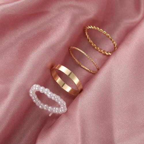 Geometric Round Ring Set Gold Color Metal Rings For Women Fashion Pearls Finger Rings Accessories Joint Tail Ring Jewelry