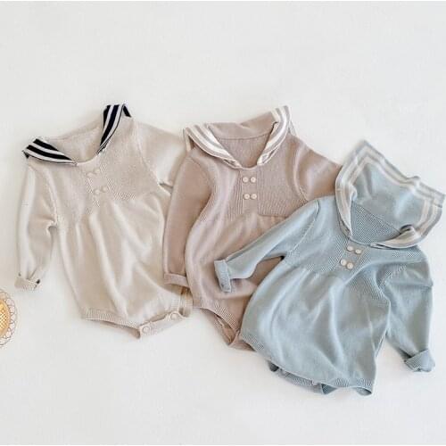 2020 Autumn Winter Newborn Boys Girls Sailor Collar Jumpsuits Clothes Baby Knit Rompers Knitted Long Sleeve Children Rompers