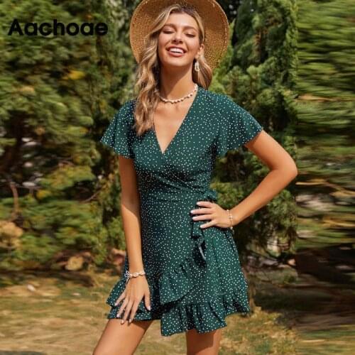 Aachoae Summer Polka Dot Dress V Neck Casual A Line Dress Flare Short Sleeve Elegant Wrap Mini Dress Ruffles Sundress Vestidos