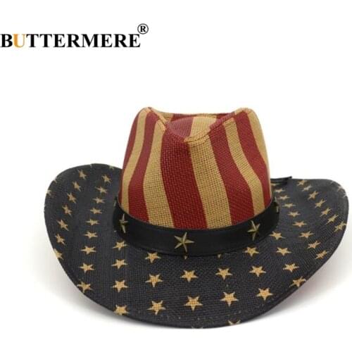 BUTTERMERE Straw Hat Cowboy Men American Flag Retro Western Cowboy Hat Men Women Summer Beach Male Female Wide Brim Sun Hat