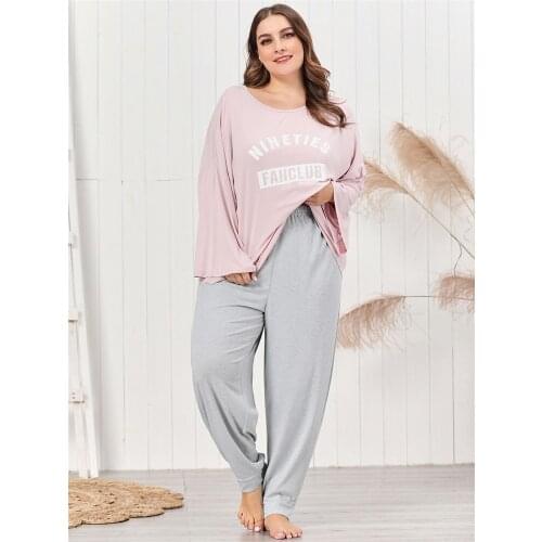 Summer Plus Size Womens Pajamas Suits loose Sleepwear Printed Long Sleeve Top and Printed Trousers leisure Homewear Suit