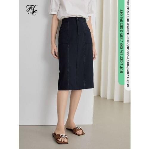 FANSILANEN Office Lady Dark Blue Casual High Waisted Straight Skirt Summer 2021 New Retro Contrast Color Line High Waisted Skirt