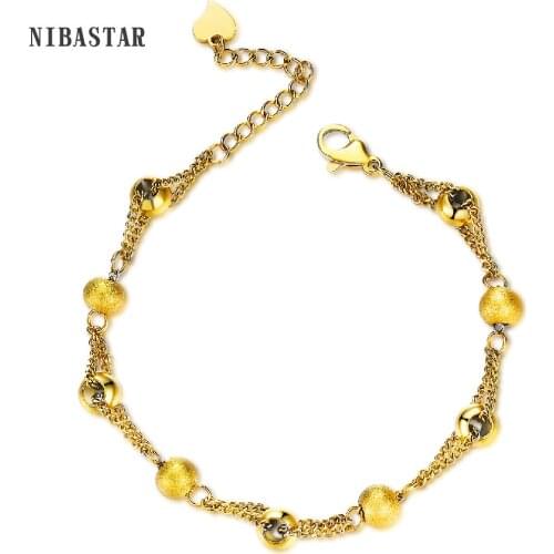 Gold Color Stainless Steel Jewelry Round charm Frosted bead chain bracelet For Women Girls Kids