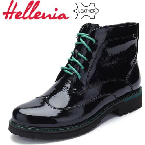 Hellenia Genuine Patent Leather Ankle Boots girls children Shoes student Round Toe spring black low heels Lace-up zip 35-38 size