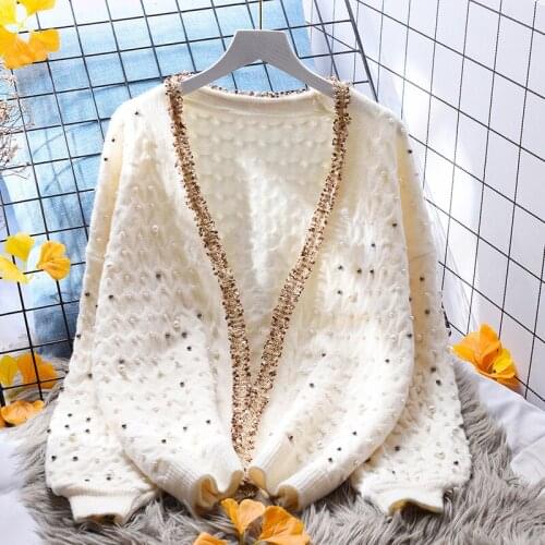 Long Sleeve Cardigan Pearls Knitted Sweater Women 2021 Autumn Winter Long Sleeve Solid Sweaters Coat Jackets Women