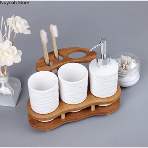 Bathroom Accessories White Ceramic Wave Pattern Lotion Bottle Mouthwash Cup with Bamboo Frame Storage Simple Bathroom Supplies