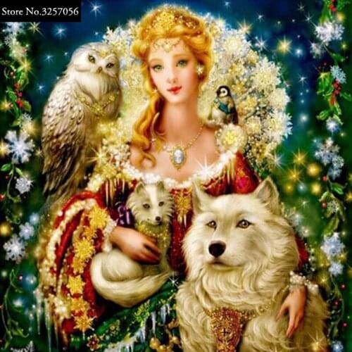 DIY Diamond Painting 5D Embroidery Needlework Full Round Diamond Mosaic Cross Stitch Rhinestone Beautiful Girl and Animal Wolfs