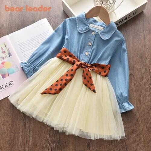 Bear Leader Girls Party Dresses 2021 New Autumn Girls Princess Dress Sashes Denim Mesh Outfits Sweet Kids Spring Clothes Suits