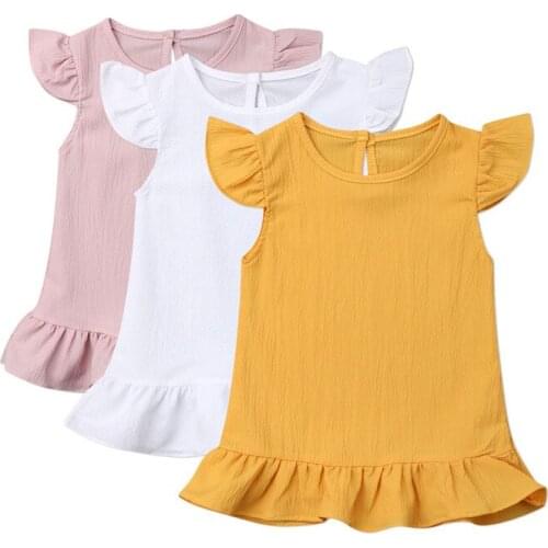 Focusnorm1-6T Infant Kid Baby Girl Solid Mini Dress Solid Gown Fly Sleeve Ruffle Party Chiffon Dresses Baby Summer Clothing