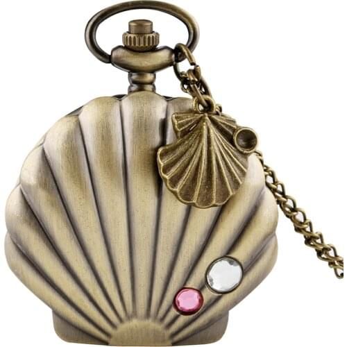 New Fashion Mermaid Shell Pocket Watch Unique Glossy Metal Scallop Case Crystal Pendant Necklace Superb Clock + Shell Accessory