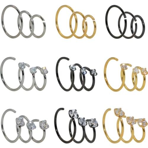 3PCS Surgical Steel Nose Hoop Ring Clear Zircon Bendable Seamless Nostril Nose Ring CZ Gem Ear Cartilage Tragus Helix Piercing