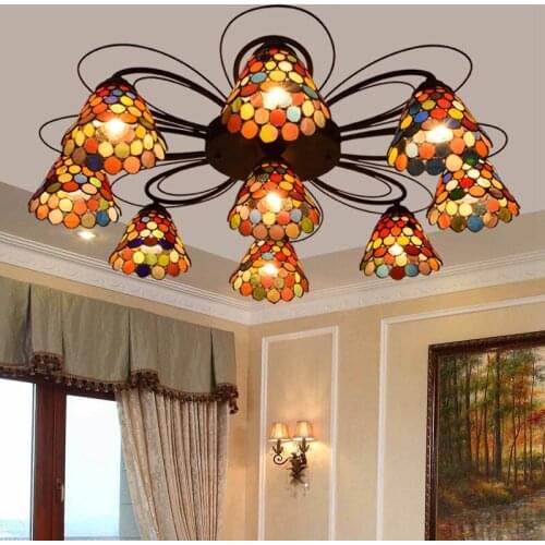 European-Style Retro Creative Tiffany Colored Glass Living Room Dining Room Bedroom Multi-Head Ceiling Lamp Bohemian Style