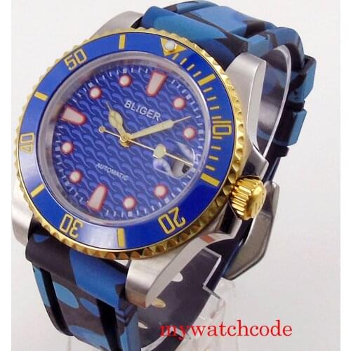 40mm Bliger Blue Dial MIYOTA 8215 Automatic Mens Watch Luminous Marks Rubber Strap Ceramic Insert Rotating Bezel