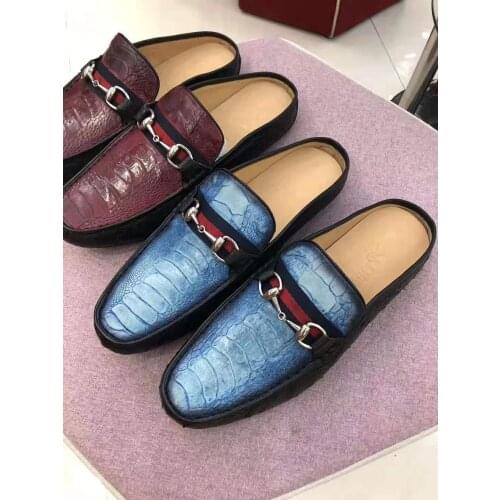 2019 Newly light blur color GENUINE ostrich foot leg skin men shoe leisue sport fashion slipper high end quality free ship