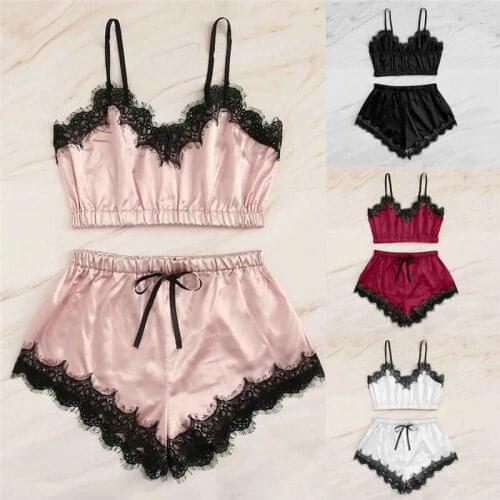 Lingerie Sexy Bra Set Womens Sleepwear Sleeveless Strap Lace Trim Satin Cami Tops Pajama Sets Bras Women Brief Sets
