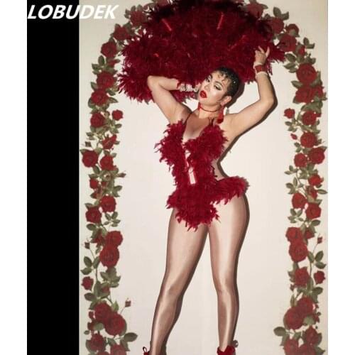 New Sexy Sleeveless Red Feather Bodysuit Singer Dancer Nightclub DJ DS Stage Wear Party Show Performance Clothes Leotard Costume