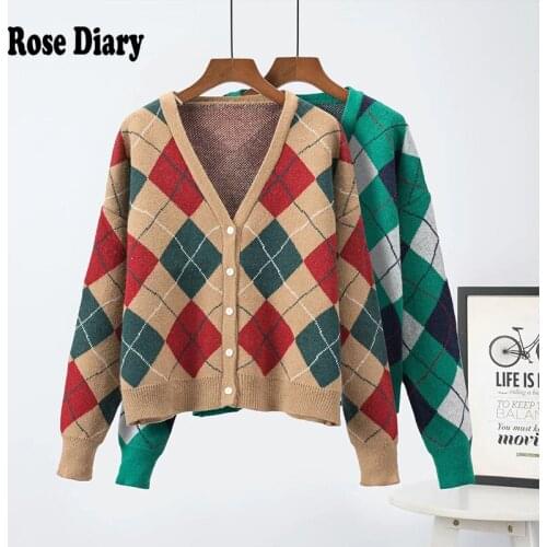 RoseDiary Autumn Winter Knitted Female Cardigan Loose Streetwear Knit Cute Cartoon Print V Neck knitted cardigan Women Jacket