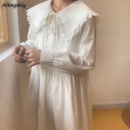 Dress Women A-line Spring Fashion Korean Style Peter Pan Collar Cute Ladies Dresses Simple Button Party Holiday All-match Femme