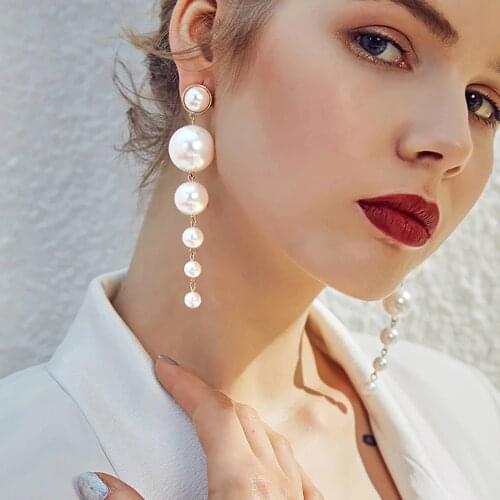 Trendy Elegant Big Simulated Pearl Long Dangle Earrings For women Pearls String Statement Drop Earrings For Wedding Party Gifts