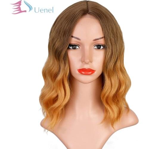 Uenel Brown Wig Synthetic Shoulder Length Wigs for Women Middle Part Wavy Bob Wig for Daily Party Use Brown to Orange