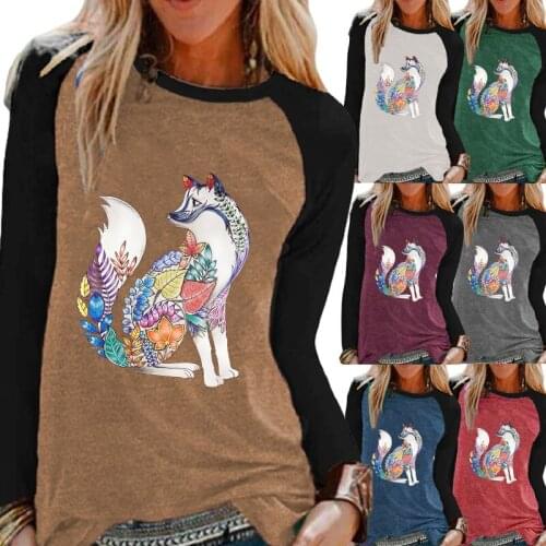 Ladies Autumn and Winter Leisure Fashion Printing Raglan Long-sleeved Shirt Round Neck Casual Pullover Plus Size T-shirt XS-5XL