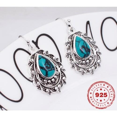 Turquoise Drop Earrings Brincos S925 Silver Color bijoux femme Kolczyki for Women Boucle Oreille Perle Drop Earring oorbellen