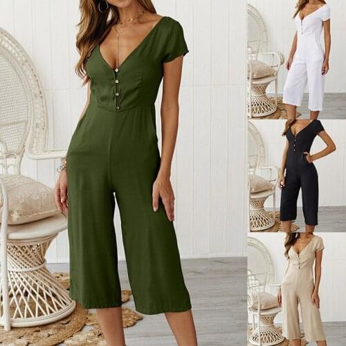 Womens jumpsuit new hot style solid color casual button-down short-sleeved jumpsuit for womens wear sexy jumpsuit
