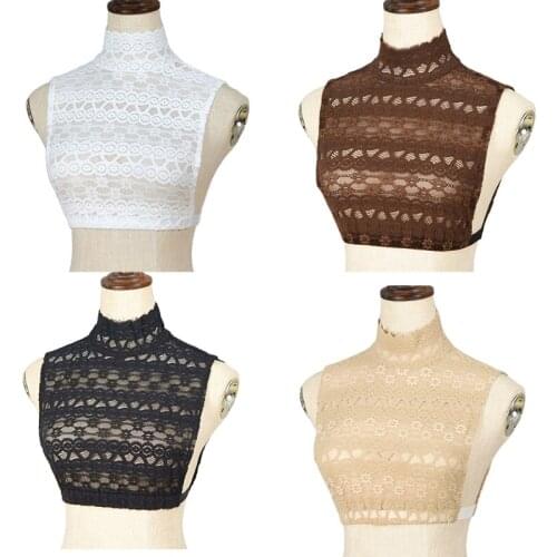 Women Mock Neck False Fake Collar Circle Striped Floral Lace Detachable Half Shirt Sheer Mesh Decorative Crop Top Vest